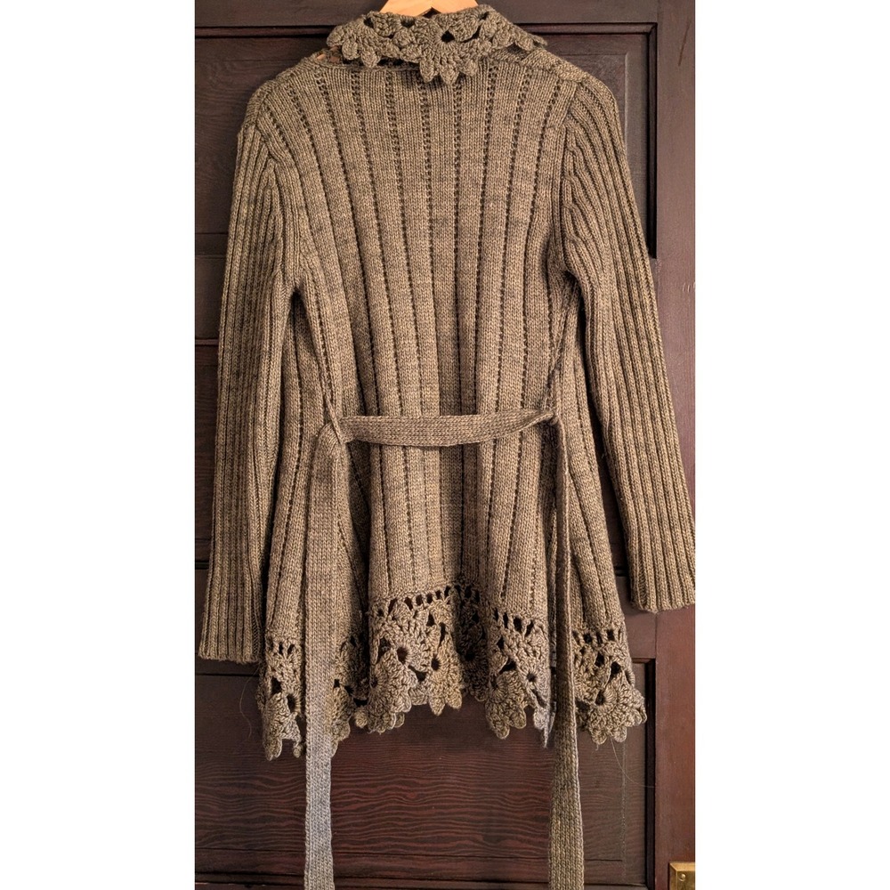 KESSLEY Brown Ribbed Knit Crochet Lace Trim Belted Cardigan Sweater S/M boho - Picture 6 of 9